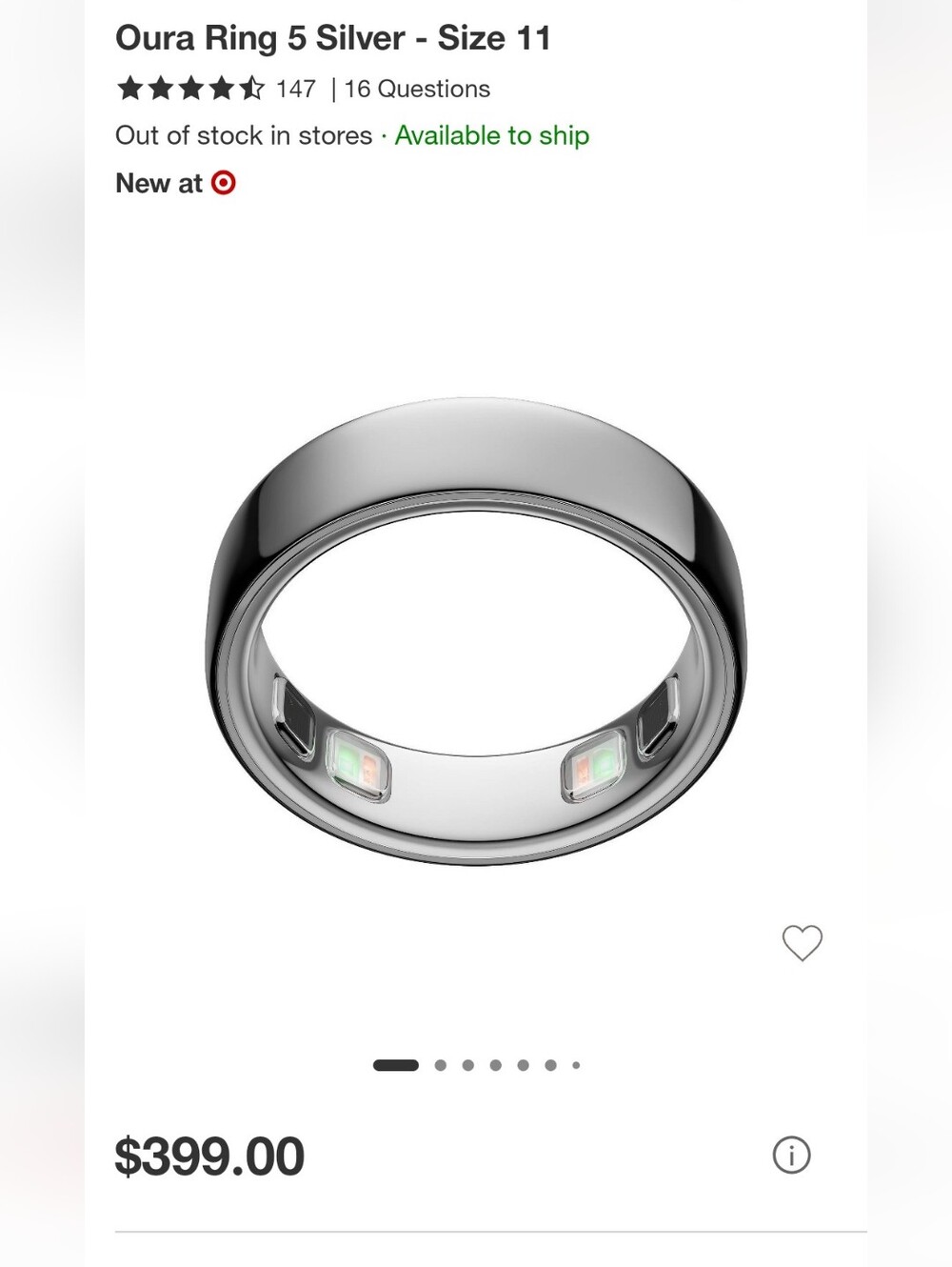 NWT Oura Ring 5 Silver Minimal Smart Ring size 11